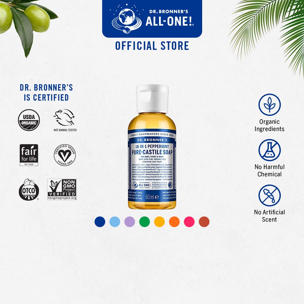 Dr.Bronner’s  (2 oz) ขวดจิ๋ว สบู่น้ำมันธรรมชาติออร์แกนิคไร้สารเคมี ใช้อาบน้ำ ล้างหน้า สระผม