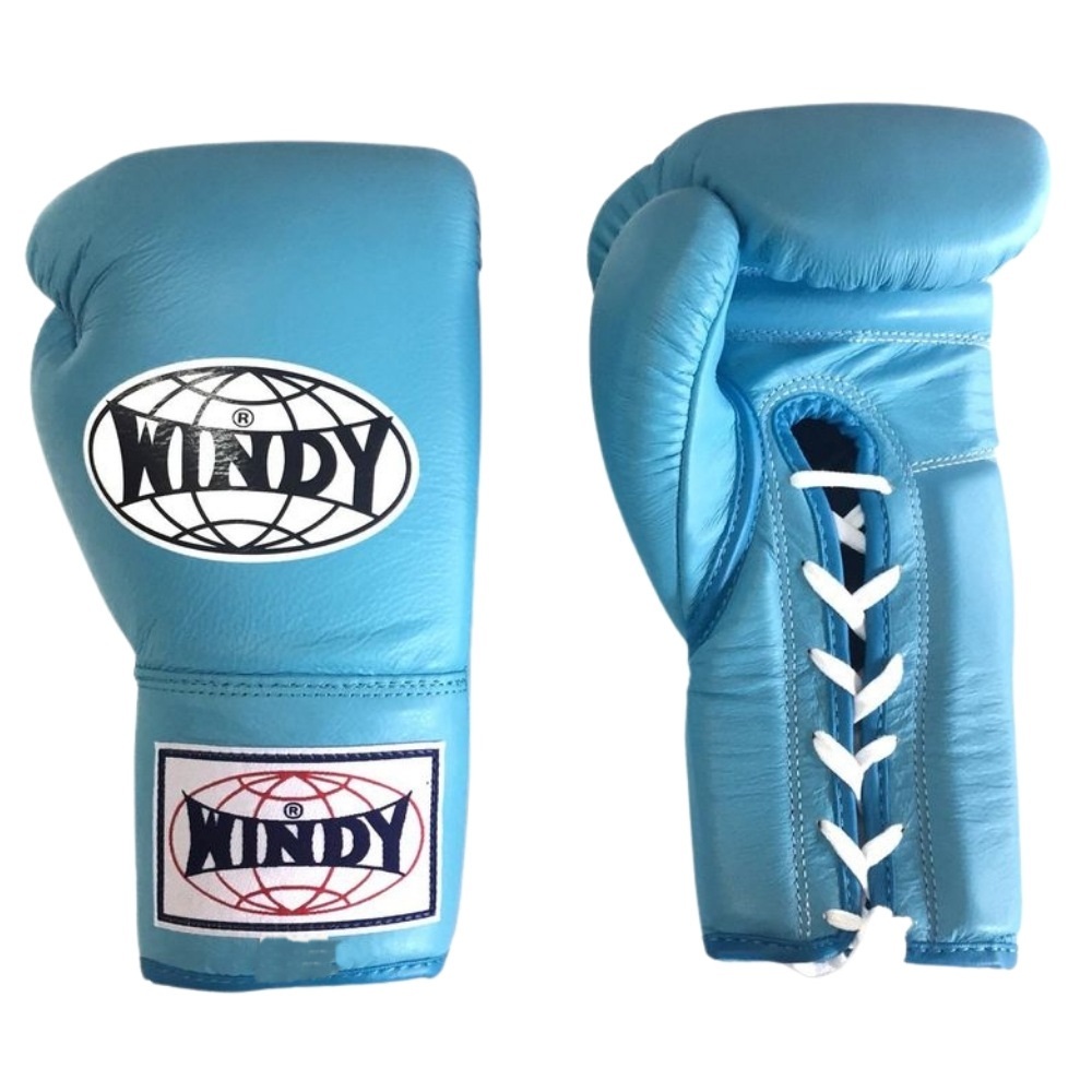 Windy Lace up Gloves Blue 8,10.12 oz competition นวมเชือกวินดี้ สีฟ้า สำหรับชก มวยไทย หนังแท้ ผลิตในประเทศไทย