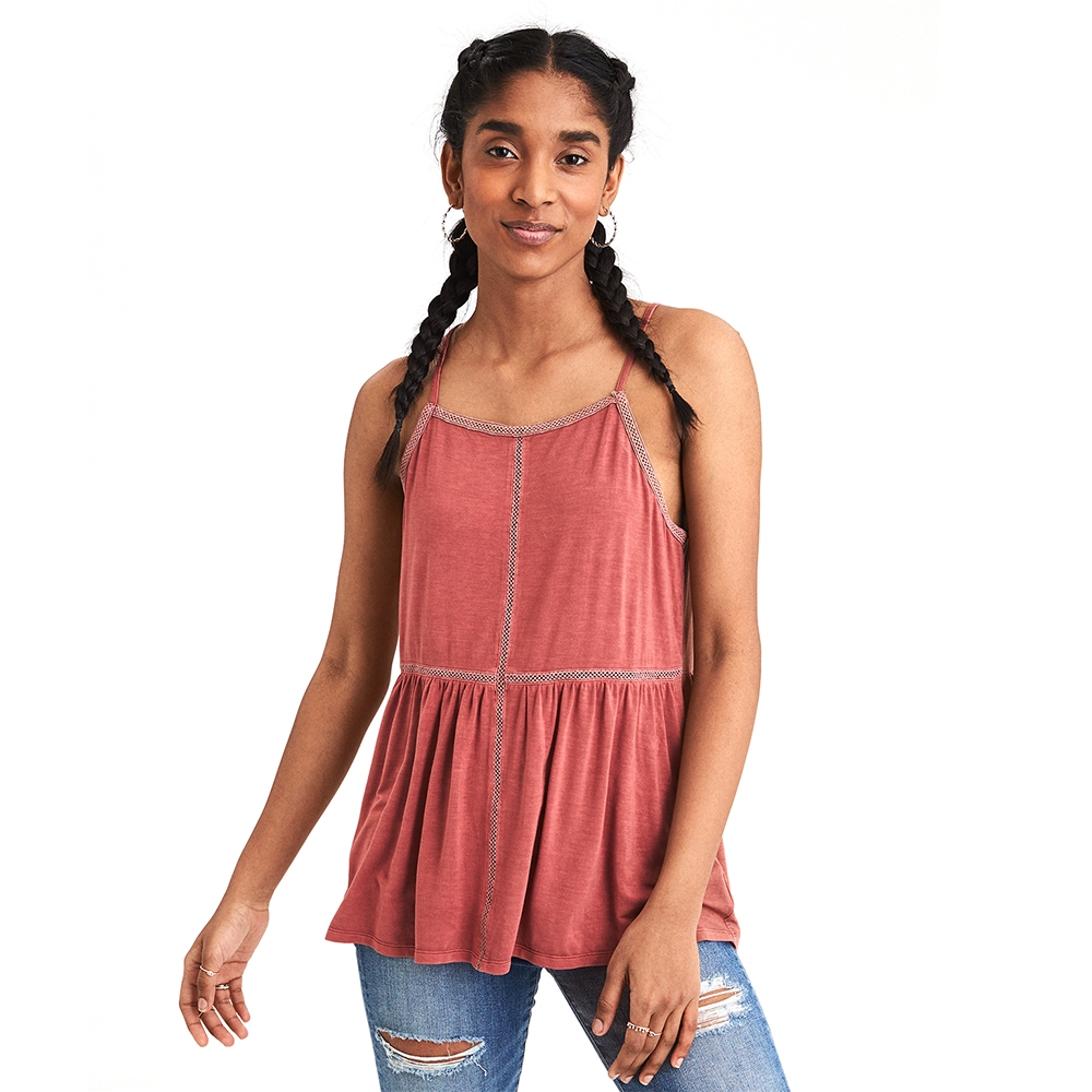 American Eagle เสื้อสายเดี่ยวผู้หญิง 3585 FAGGOTING TRIM PEPLUM JEGGING WASH สี RED - 036-3585-600
