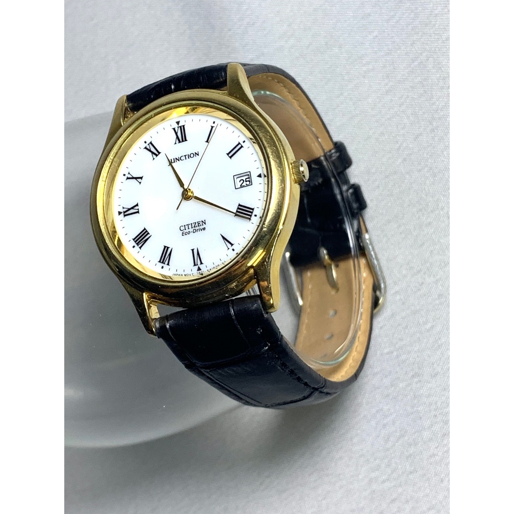 CITIZEN JUNCTION 7821-L 16975 Eco-Driveนาฬิกาควอทซ์ญี่ปุ่น100%ตัวเรือนสแตนเลสชุบทองไมครอนหน้าปัดสีขาวกระจกHardlexมือ2สวย