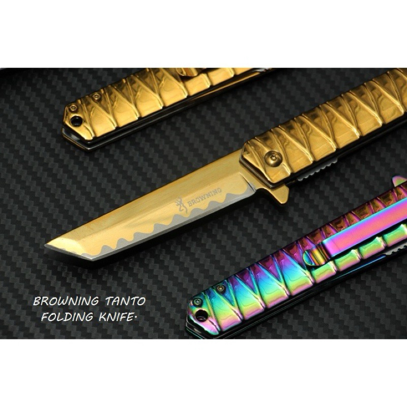 🦌 Browning Folding Hunting Knife Tanto Blade Gold- Titanium