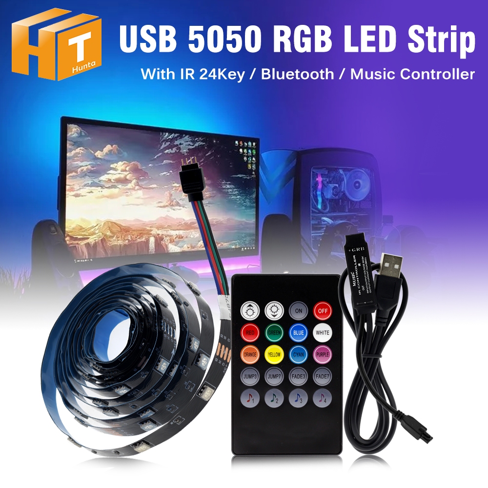 RGB LED Strip USB SMD 5050 DIY ไฟเส้น ยืดหยุ่น DC5V 1M-5M RIBBON LED RGB เปลี่ยนไปตามเสียงเพลง ติดตั้งอยู่หลังทีวี