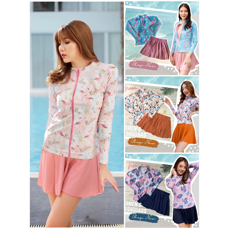 ชุดว่ายน้ำเสื้อแขนยาวแบบซิปหน้า+กระโปรง “โทนสว่าง”
