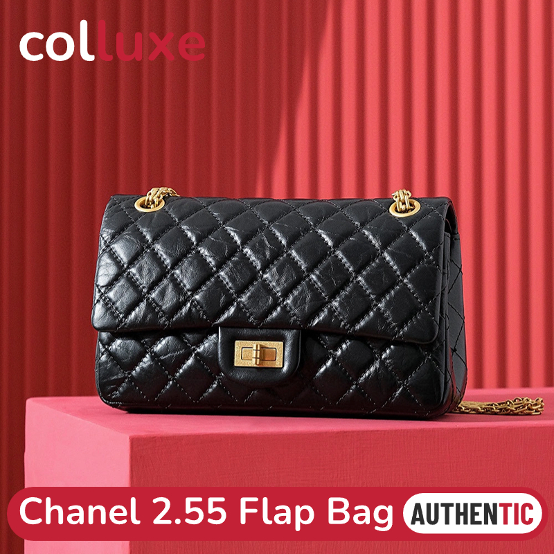 👜ชาแนล Chanel 2.55 Flap Bag CF Shoulder Bag Calfskin หนังวัวอ่อน กระเป๋าสะพายสตรี สีดำ