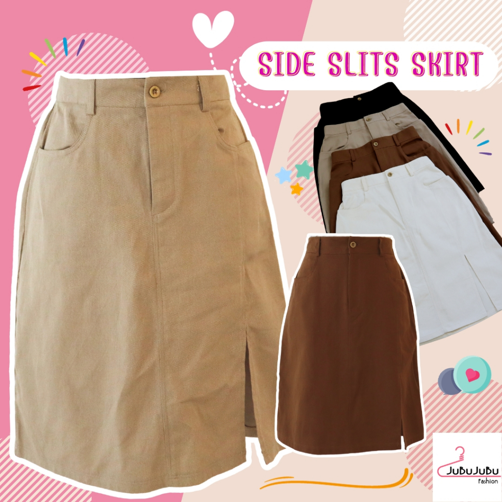 JuBuJuBu Side Slite Skirt กระโปรงผ่าหน้าสาวอวบ ผ้ากึ่งยีนส์ เอวสูง แต่งซิปติดกระดุม เอวยางยืด #533