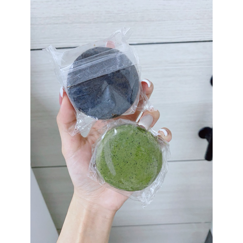 (สครับผิวหน้า+ผิวกาย) สบู่สครับกาแฟ+สบู่สครับชาเขียวนมสด+ถุงตีฟอง ขนาดก้อนละ 75 กรัม