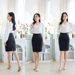 🍉กระโปรงทำงาน ผ้าโรเชส ยาว 22 นิ้ว ผ่าหลังแหวก Sz.S-3XL กระโปรงทรงเอ-ทรงสอบ