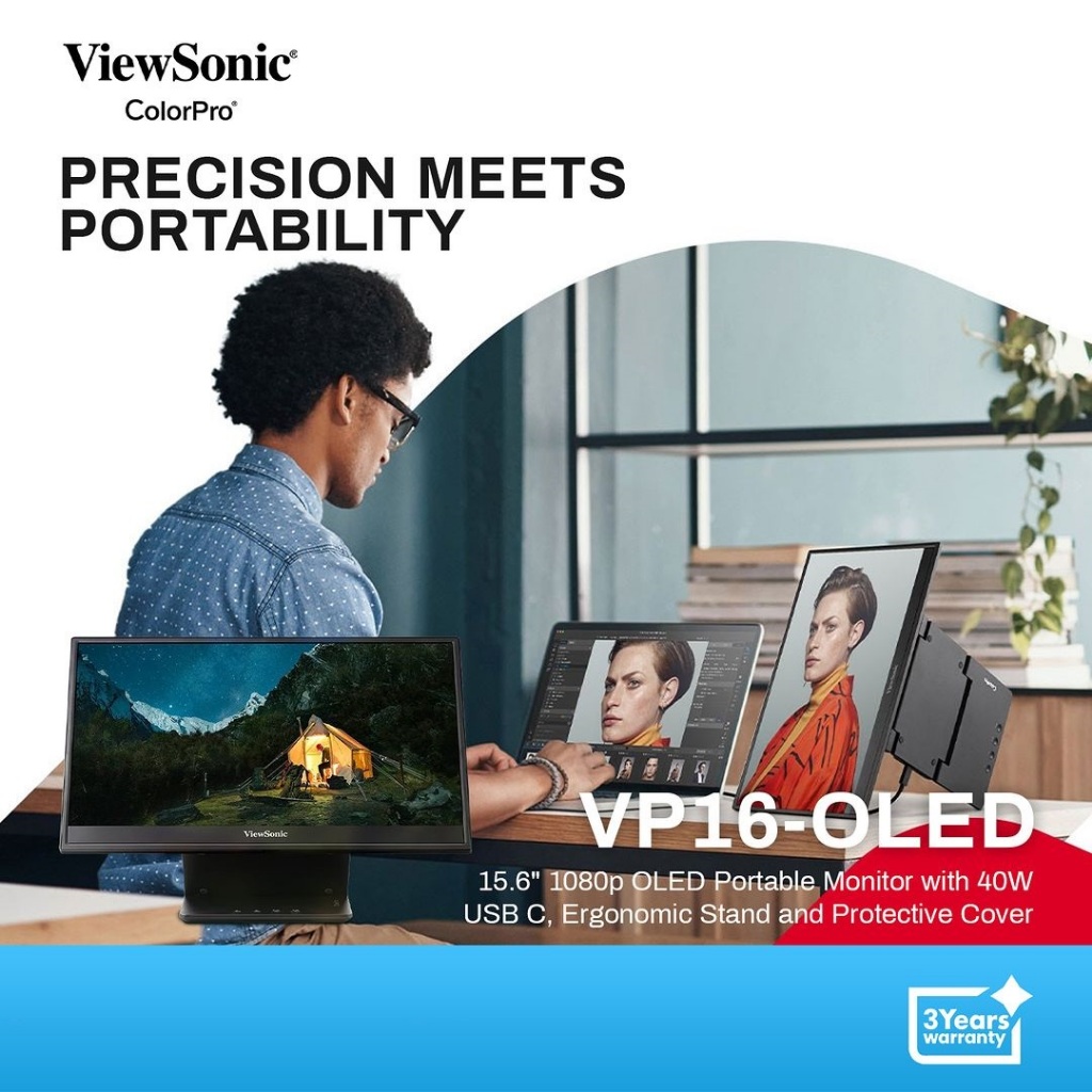 ViewSonic 15.6 Inch 1080p Portable OLED Monitor with 2 Way Powered 40W USB C, Pantone Validated (VP1