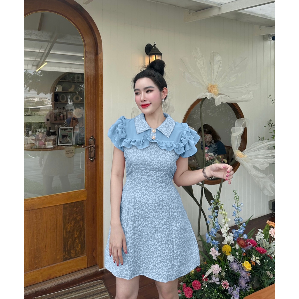 พร้อมส่ง เดรสผ้าลัคชู แต่งระบายชีฟอง มีเชือกผูกเอว แต่งกระดุม (B1 ชั้น 2) A1423 - รูปที่ 2