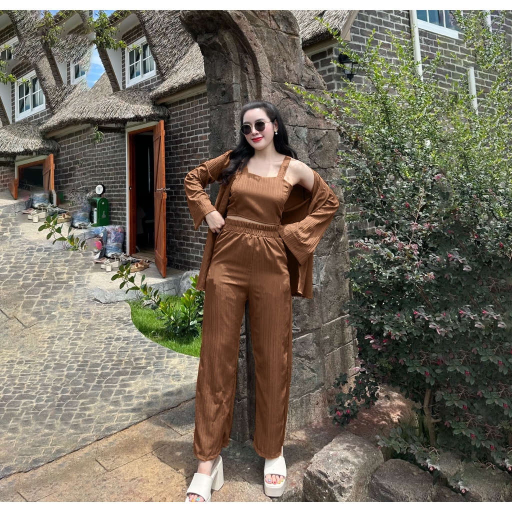 ชุดเซต 3 ชิ้นผ้าด๊อบบี้ เสื้อเชิ้ต+เสื้อสายเดี่ยว+กางเกงขายาว (C3) A1186