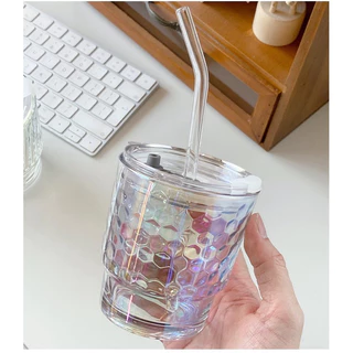 แก้วน้ำ โฮโลแกรม ใส่เครื่องดื่ม 400ml สไตล์มินิมอล ดีเทลสีรุ้ง พร้อมหลอดแก้ว ฝาปิด ทนความร้อน