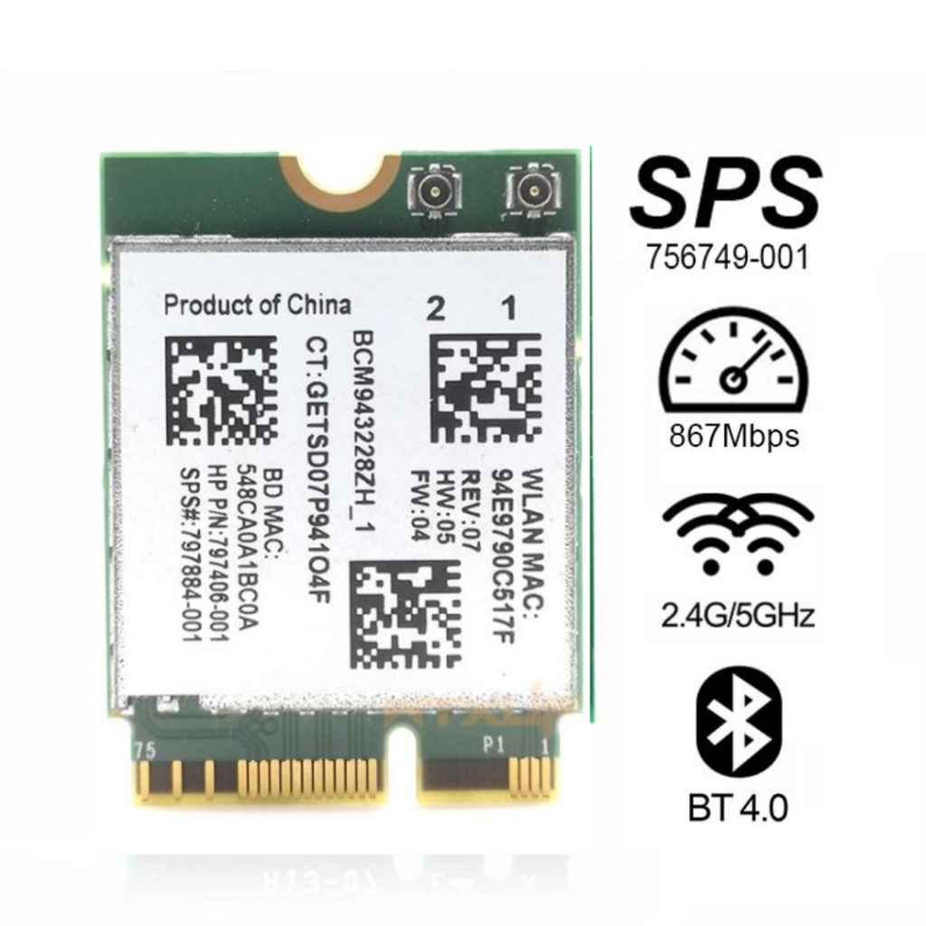การ์ด WIFI 300 Mbps 2.4 GHz/5 GHz  พร้อมบลูทูธ: BT 4.0 M.2 Card NGFF 2230
