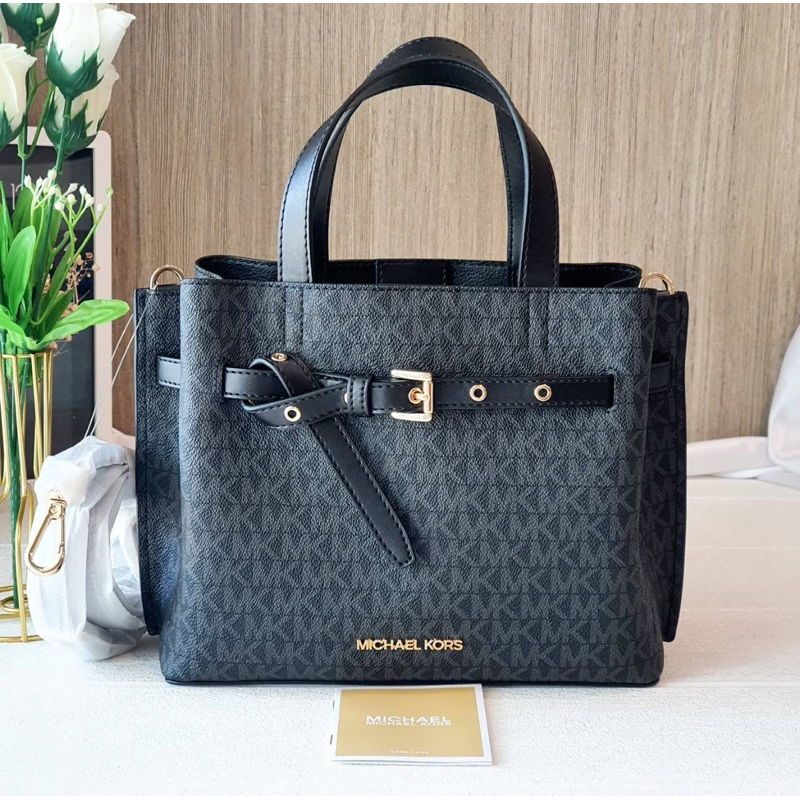 (ผ่อน0%) กระเป๋าสะพายข้าง MK Michael Kors Emilia Small Logo Satchel 35H0GU5S1B ลายโลโก้ MK สีเทาดำ อ