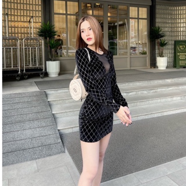 x2x2style- มีxs s m l xl ชุดเดรสกำมะหยี่กลิตเตอร์แขนยาวเรียบหรู เดรสออกงานกลางคืนNO.S107 [พร้อมส่ง]