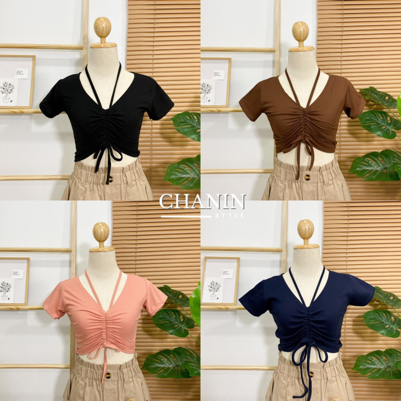 CHANIN.STYLE เสื้อครอปรูดหน้า คล้องคอ ผ้าร่อง ยืด ทรงสวย ใส่สบาย พร้อมส่ง มีปลายทาง[No.G3- Jolieโจลี่]