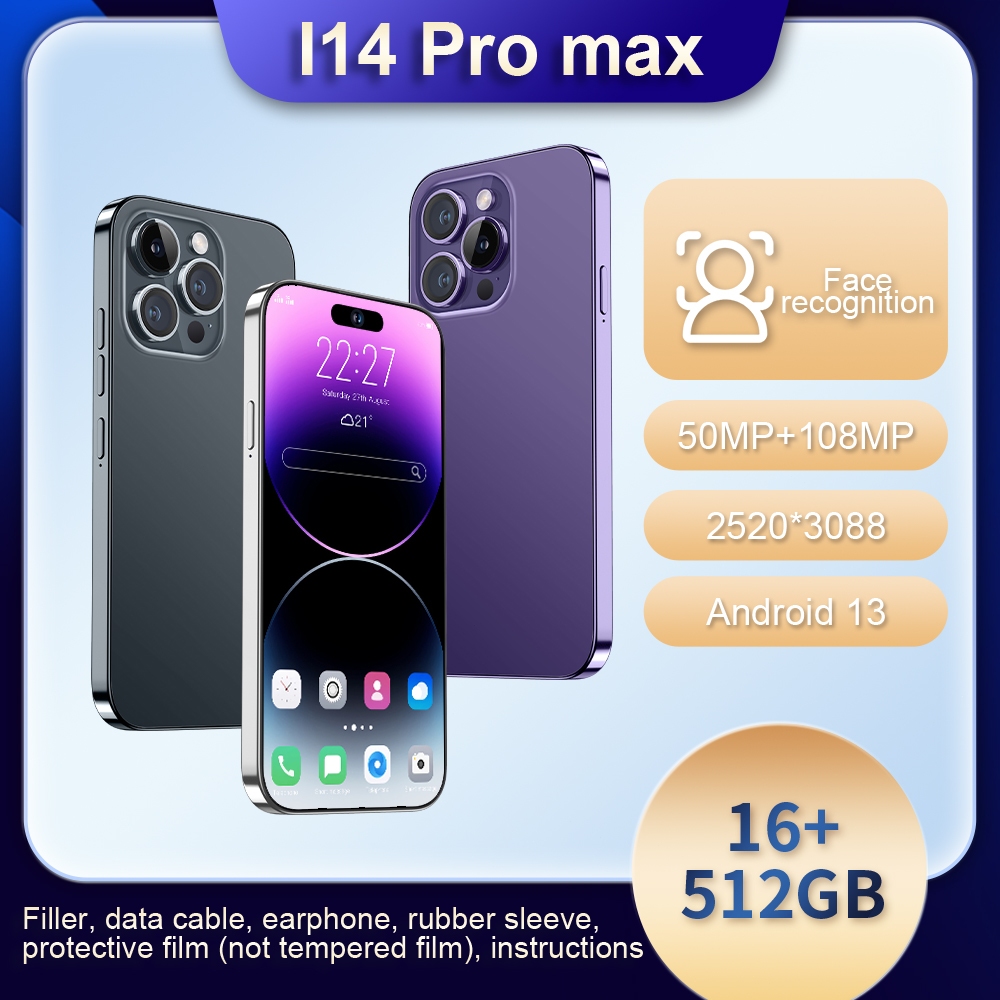 โทรศัพท์มือถือ i14 Pro max สมาร์ทโฟน 7.3 นิ้ว HD หน้าจอขนาดใหญ่ 12GB + 512GB 5G android Cellphone dual SIM WiFi GPS COD