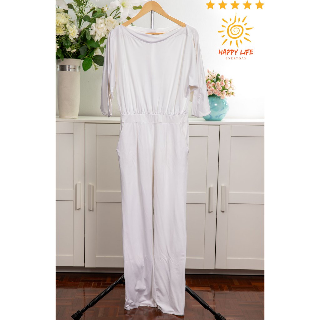 จั้มสูทขายาวมือสอง KOH KOH  คอปาดกระดุมหลัง เอวยืดได้ ผ้าคอตตอนยืดได้ มีกระเป๋าซ้ายขวา กางเกงขากระบอ