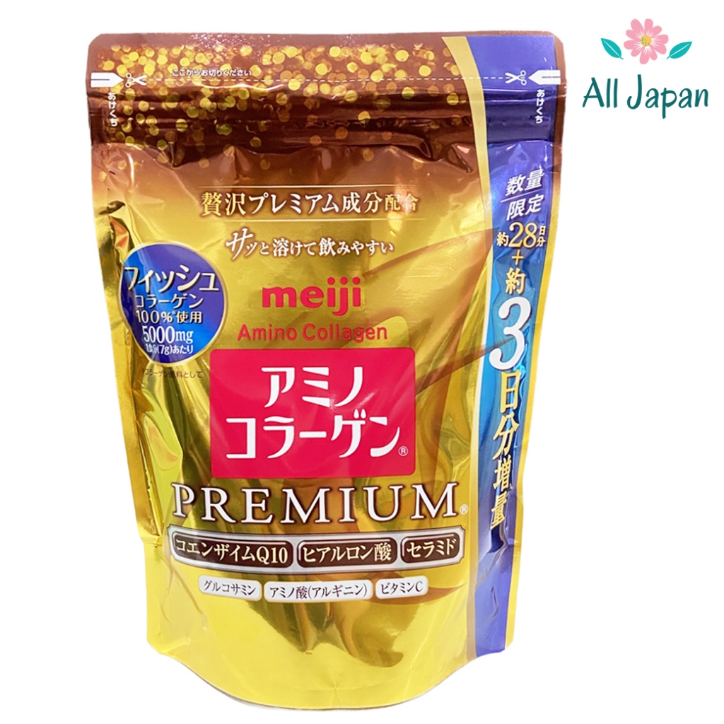 🌸Limited สีทอง (31วัน) Meiji Amino Collagen Premium 5,000 mg เมจิ อะมิโน คอลลาเจน สูตรพรีเมี่ยม ชนิดถุงเติม 217 กรัม