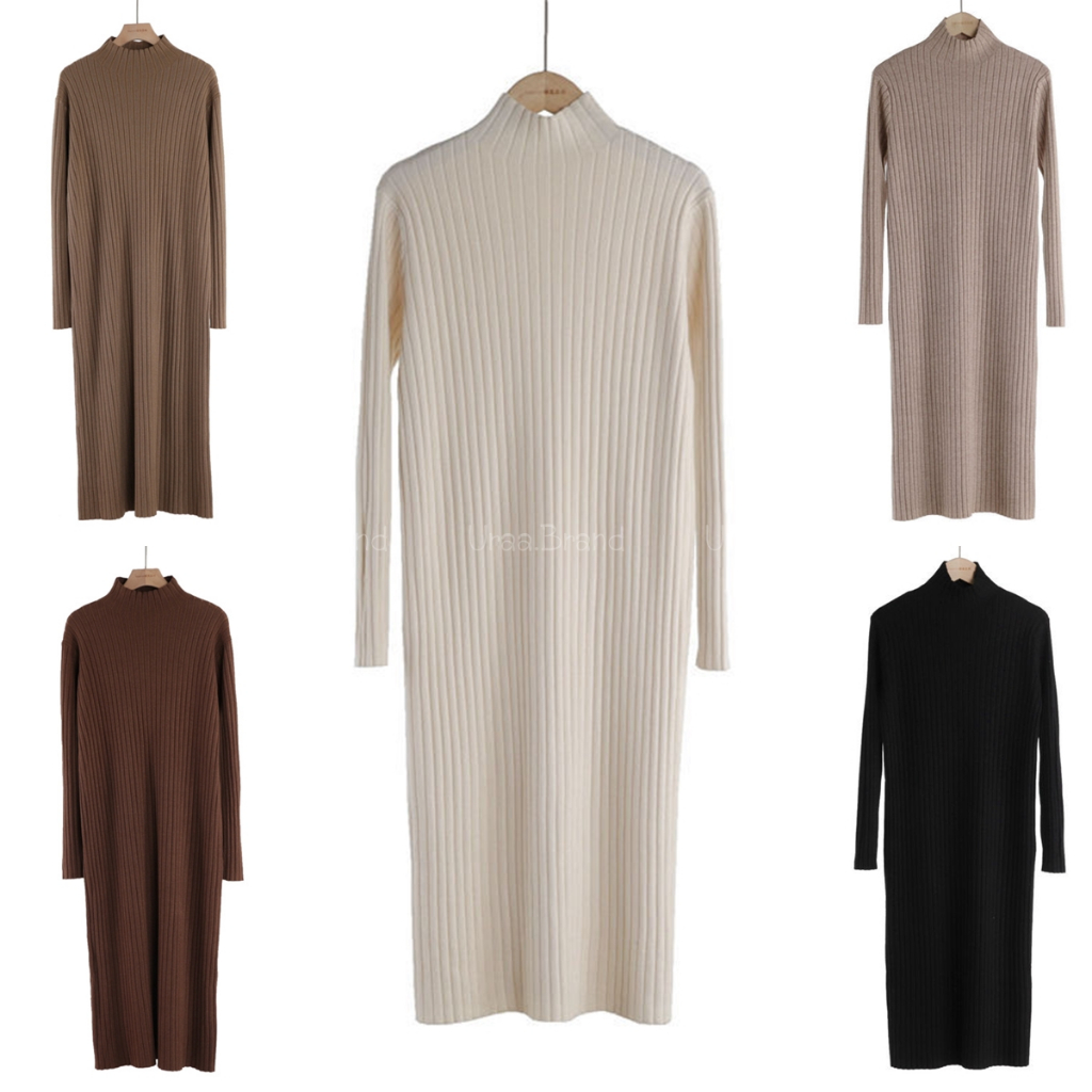 อก 40-50 นิ้ว (พร้อมส่ง) เดรสไหมพรมยาว เดรสไหมพรมคอปีน ผ้าร่อง รุ่น Pine Peen Sweater Dress