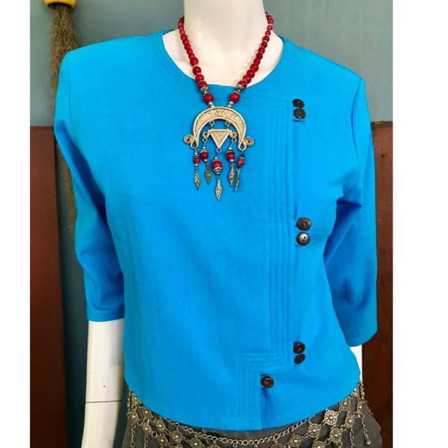 เสื้อผ้าฝ้ายพื้นเมืองอองซานสีฟ้า ใส่ทำงาน กระดุมกะลา 34,38,40,42,44