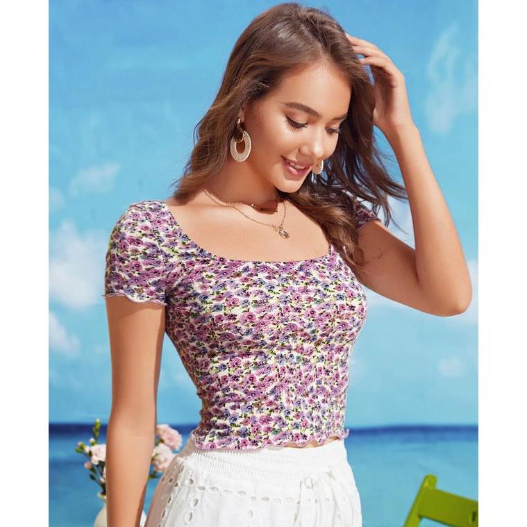พร้อมส่ง เสื้อครอป เสื้อแขนสั้น สีขาว ลายดอกไม้ สีม่วง ขอบหยัก คอกว้าง No.1085858