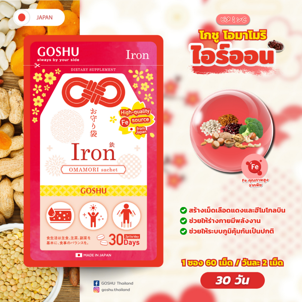 ไอรอน ธาตุเหล็ก วิตามินอาหารเสริม มีส่วนช่วยบำรุงโลหิต GOSHU OMAMORI Iron Dietary Supplement  Product