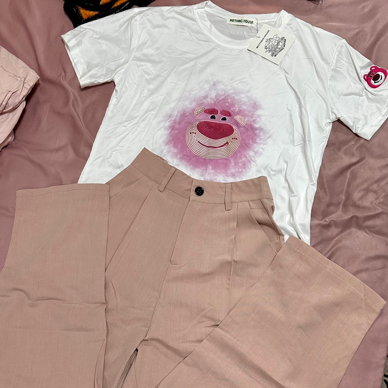 Mothing House 🎀 size s-m มือ 1 ป้ายก้อย เซตเสื้อยืด+กางเกงขายาว เสื้อยืดพิมพ์ลายน้องหมีลอตโซ่ มีปักท