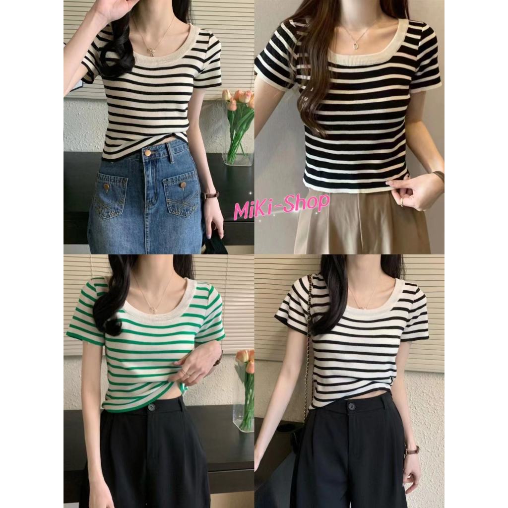 💕Miki-Shop*เสื้อไหมพรมแขนสั้น คอกลม ดีเทลลายทางคิ้วๆ88618*