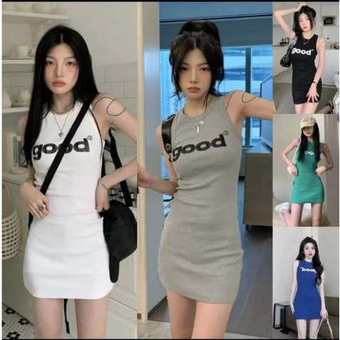 Miki-Shop*พร้อมส่ง ชุดเดรสแขนกุด ผ้าไหมพรม ดีเทลสกีนคำว่า good ผ้านิ่มๆดีมาก "83172"