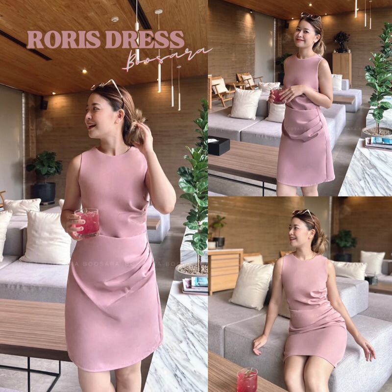 RORIS DRESS เดรสคอกลมแขนกุด แต่งดีเทลจับจีบช่วงเอว เดรสออกงาน