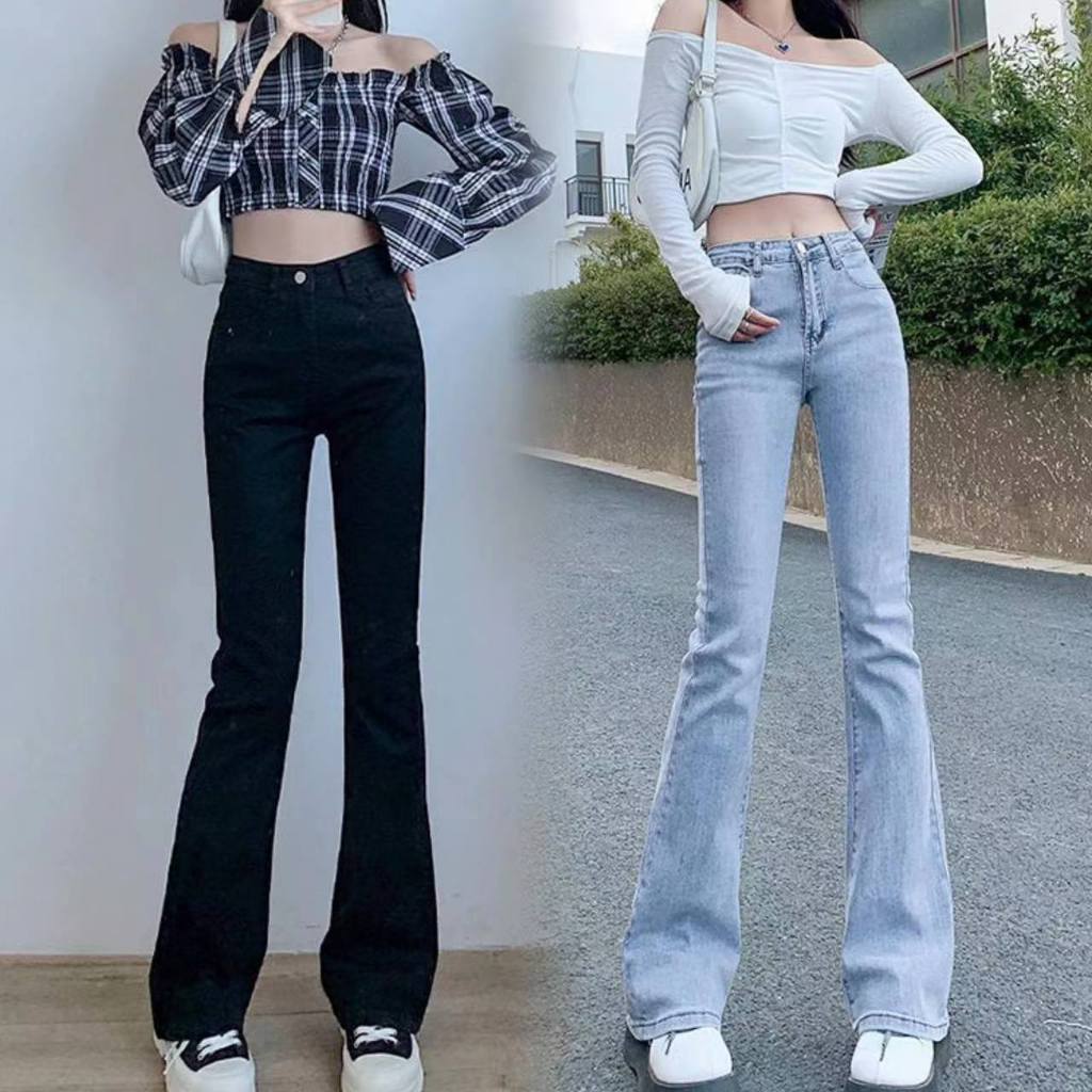 TAIWEI กางเกงผู้หญิง ทางขาม้า เอวสูง ผ้ายืด เนิ้อนุ่ม ใส่สบาย กางเกงยีนส์ขาม้า #311