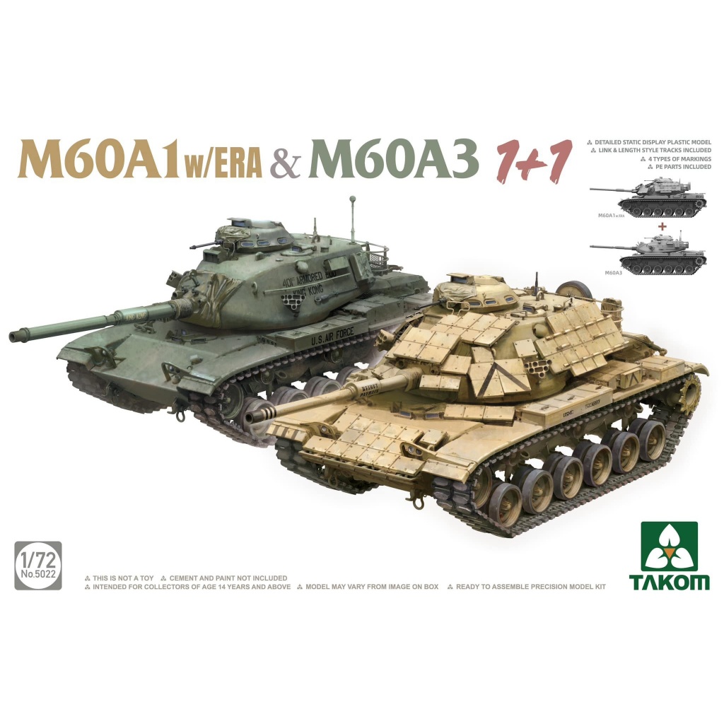 พลาสติก โมเดล ประกอบ TAKOM สเกล 1/72 M60A1w/ERA & M60A3 1+1 (5022)