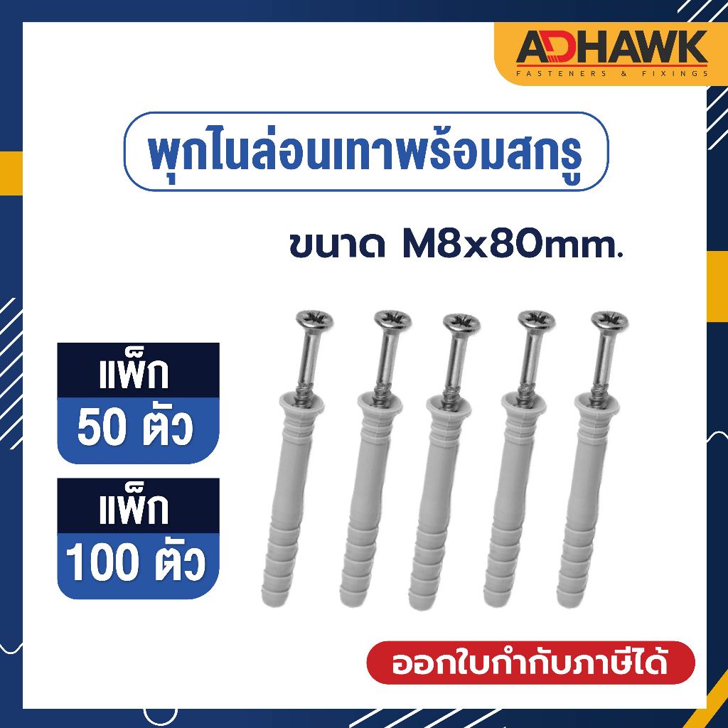 พุกไนล่อนพร้อมสกรู ขนาด M8x80mm. เกรดA ใช้ติดตั้งเฟรมกระจกอลูมิเนียมสำเร็จรูป ราคา ถูกที่สุด ดีลบีเคเค