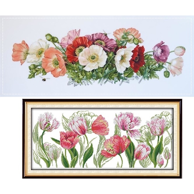 ชุดปักครอสติชพิมพ์ลาย ดอกไม้ ดอกป๊อปปี้ ดอกทิวลิป (Poppies and tulip Cross stitch kit)