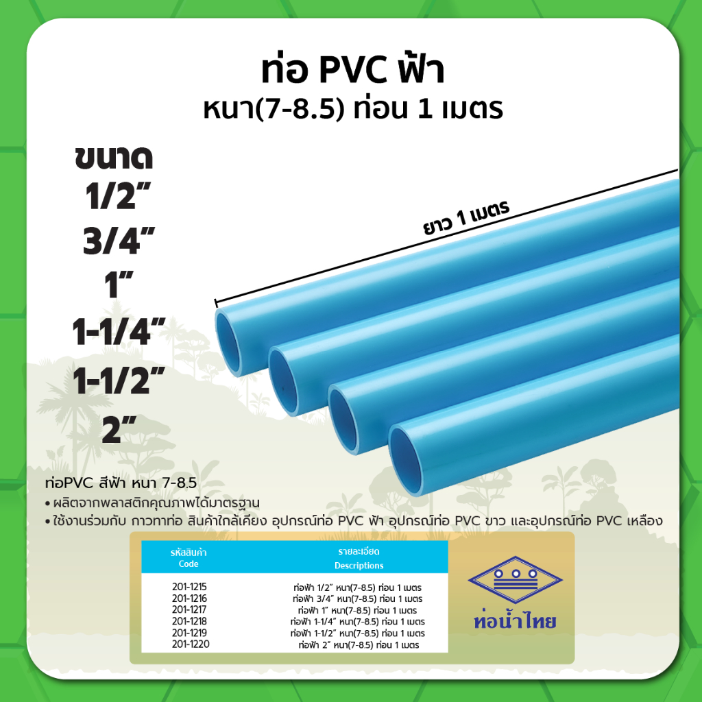 ท่อ PVC ฟ้า ขนาด 1/2" 3/4" 1" 1-1/4" 1-1/2" 2" หนา(7-8.5) (ท่อนx1ม.)