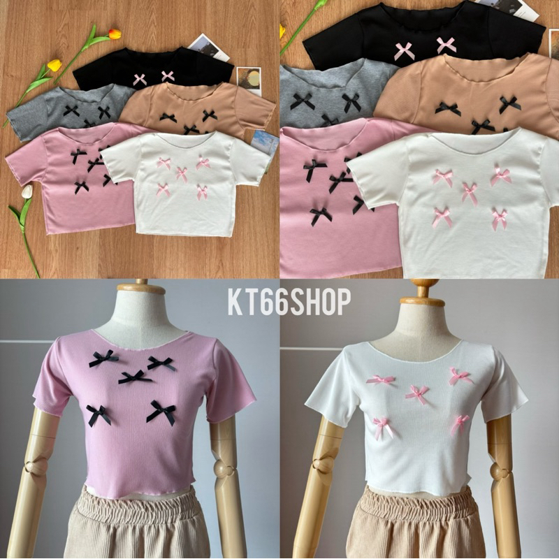 🔆KT66SHOP🔆เสื้อยืดคอกลม แต่งโบว์หน้า สุดฮิตน่ารักๆ
