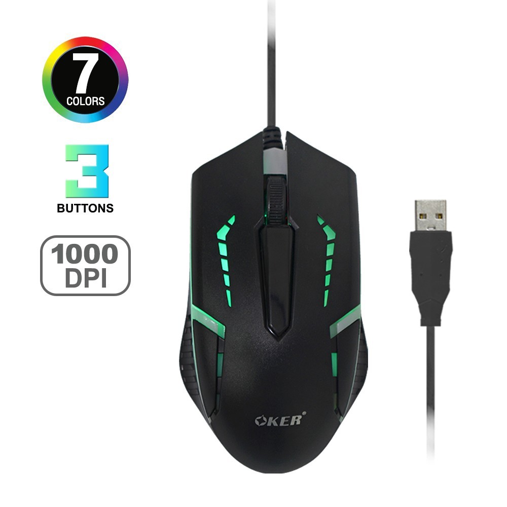 OKER เมาส์เกมส์ไฟ LED หัวเสียบ USB รุ่น RX7 KAMEN 7 COLOURS
