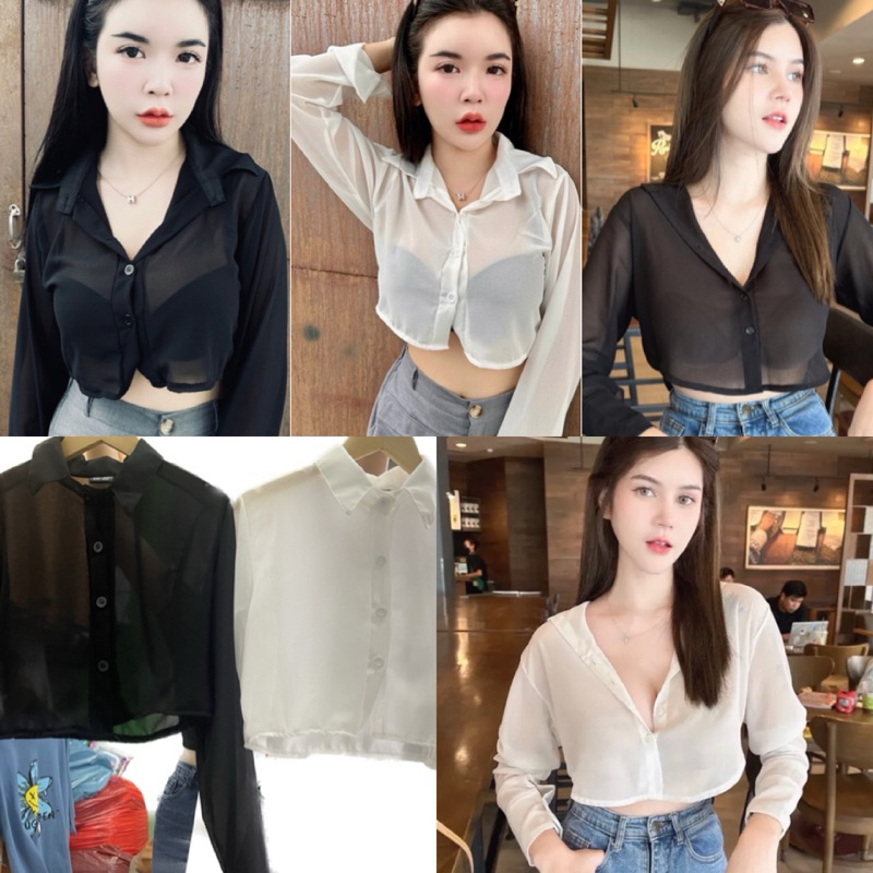 เสื้อเชิ้ตครอปแขนยาวผ้าซีทรู แขนยาวซีทรู