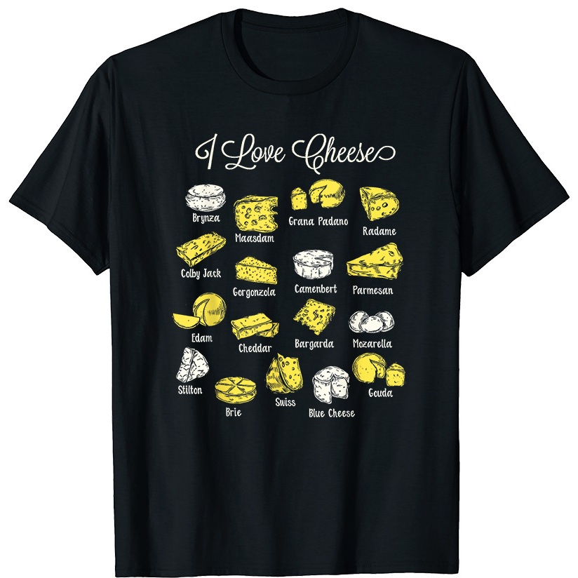 I Love Cheese - เสื้อยืด Feta Cheddar Parmesan Gouda Brie Dairy Lover 6 สี