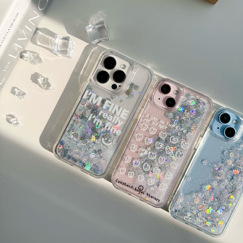 พร้อมส่งในไทย T5S45 เคสตู้น้ำหน้ายิ้มเงิน smile I'M fine กากเพชรไหล เคสสำหรับ iPhone Case เคสไอโฟน 14,14Pro,14Promax