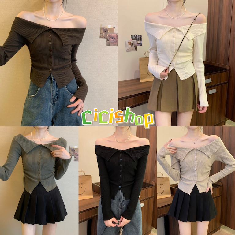 Cicishop(A819)Top off-shoulder เสื้อครอปปาดไหล่ไหมพรมknit แพทเทิร์นทรงสวยลุคเกาหลีเกาใจสุดๆ