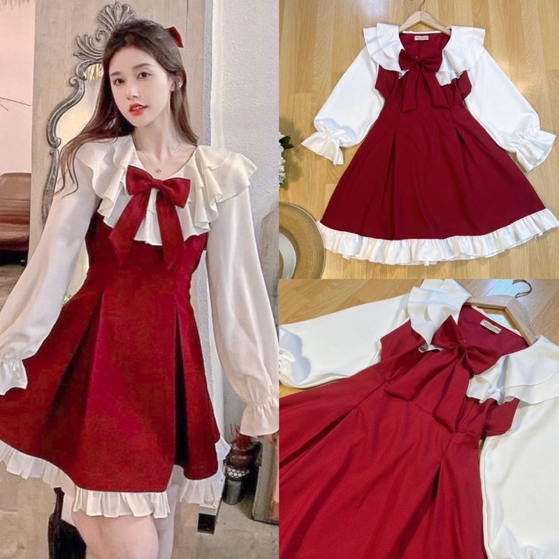 *พร้อมส่ง* ชุดเดรสคอบัวปกระบายเดรสคริสมาสต์ใส่เที่ยวหวานๆ