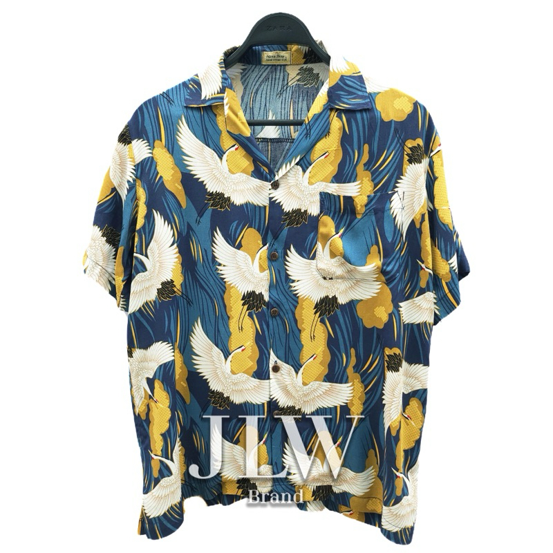 เสื้อฮาวาย ลายนกกระเรียนโต้คลื่น ผ้านิ่มใส่สบาย JLW BRAND ผ้าเรย่อน
