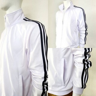 เสื้อแจ็คเก็ตผ้าวอร์มสีขาว แถบดำ3เส้น ผ้าระบายอากาศไม่ร้อน เ…