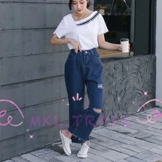 📌กางเกงยีนส์ผู้หญิง ขายาว เอวสูง ปลายรุ่ย แต่งขาดขาด้านซ้าย #8028