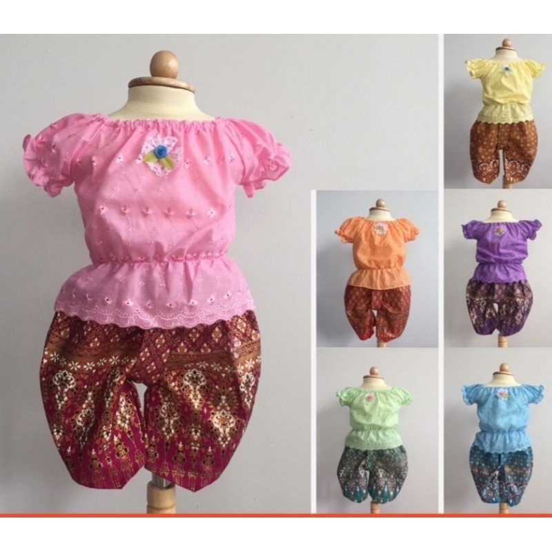 ชุดไทยแขนตุ๊กตาเด็กเล็ก-โตพร้อมโจงกระเบนลายไทย