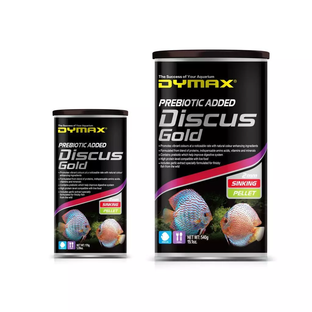 อาหารปลาปอมปาดัวร์ ผสมพรีไบโอติก แบบเม็ดจม Dymax Discus Gold ดิสคัส โกลด์