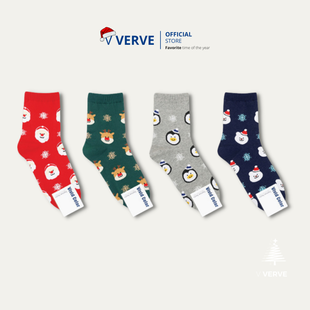 Verve - ถุงเท้าข้อยาว Vivid Korea ลายคริสต์มาส แบบข้อยาว คลุมข้อ Freesize