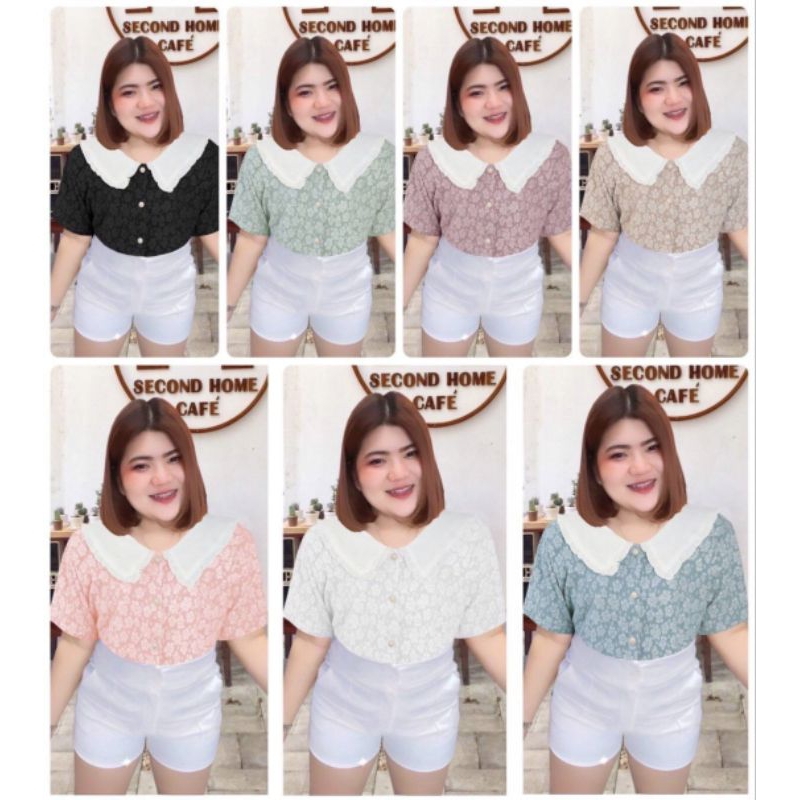 RN107.เสื้อสาวอวบเรียบหรู ผ้าluxuryปั้มลายนูน รุ่นปกบัวขาวแต่งระบาย