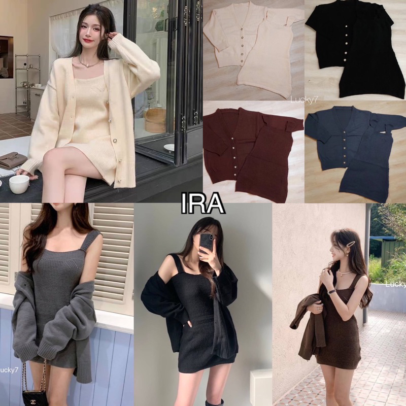 BY lRA Fadia Knit Complete look Set ชุดเดรส+เสื้อคาร์ดิแกนโอเวอร์ไซส์ ผ้าไหมพรม สองชิ้น แฟชั่นฤดูใบไม้ร่วง/ฤดูหนา